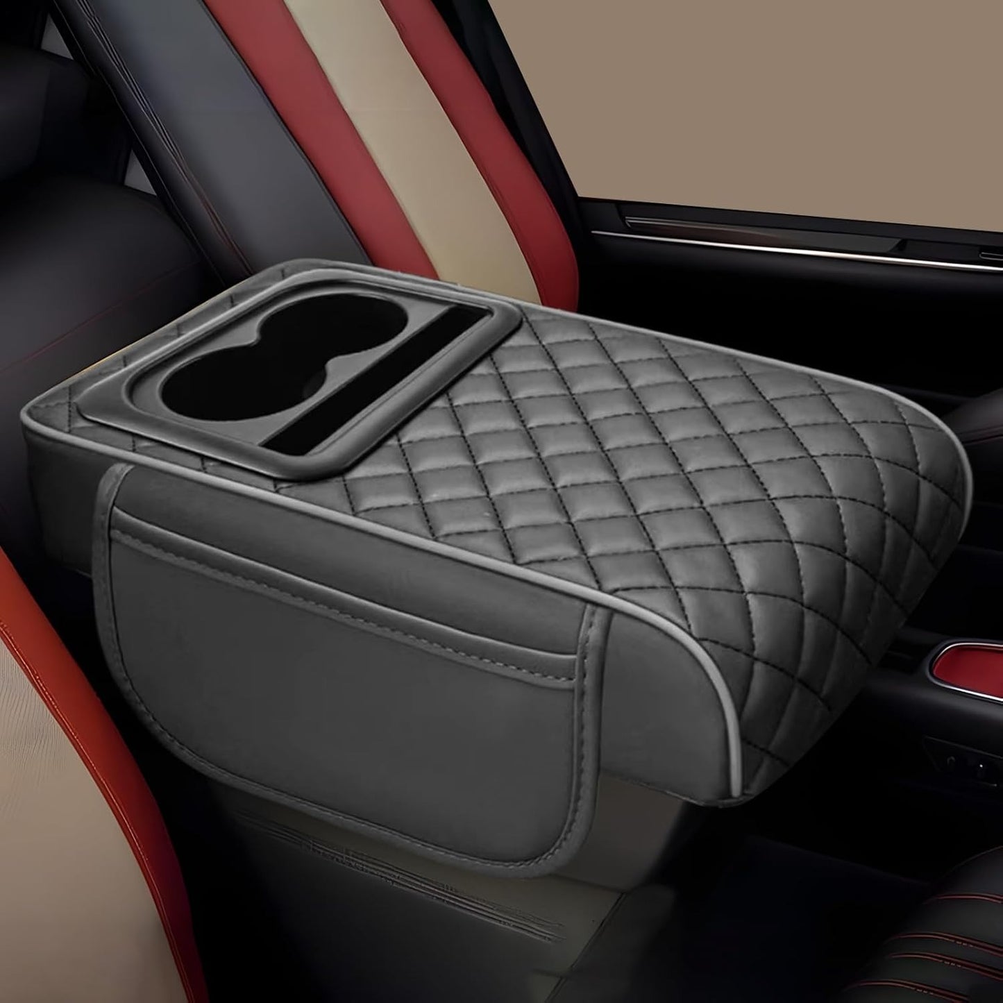 Multi-Function Car Armrest Cushion with Built-In Cup Holder and Tissue Box
