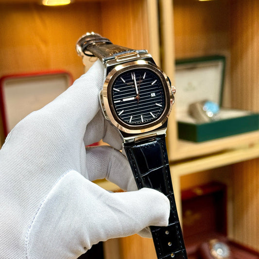 Luxury Blue Dial Men's Watch with Genuine Leather Strap