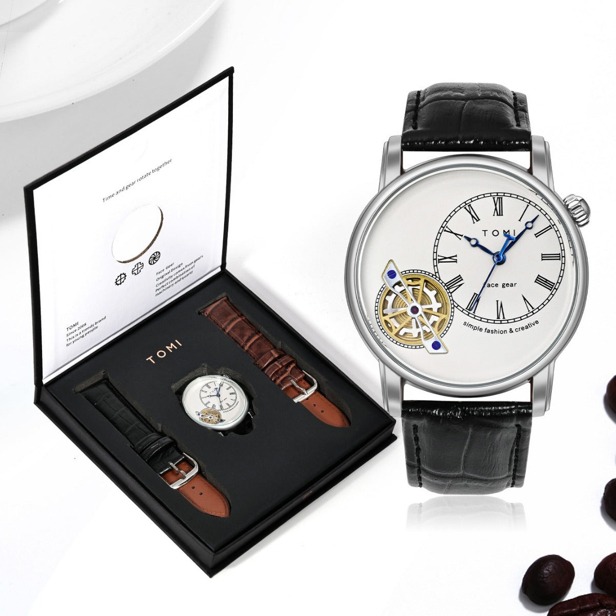 Tomi Premium Men's Leather Strap Analog Wrist Watch – Luxury Design Random colours